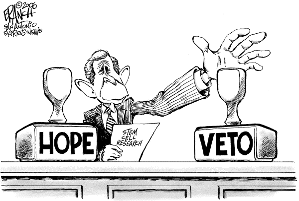 Editorial Cartoon by John Branch, San Antonio Express-News on Bush Vetoes Stem Cell Bill