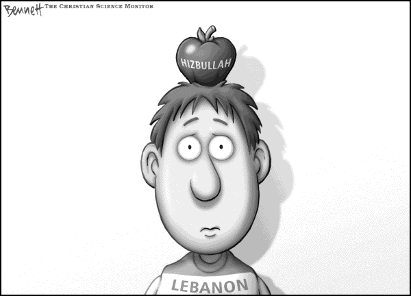 Editorial Cartoon by Clay Bennett, Christian Science Monitor on World Watches as War Rages