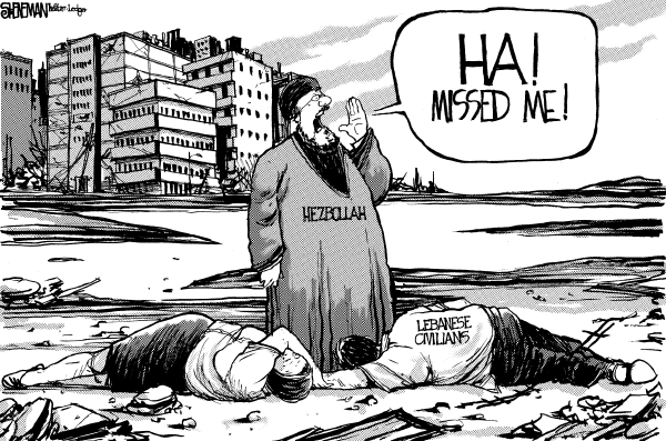 Editorial Cartoon by Drew Sheneman, Newark Star Ledger on World Watches as War Rages
