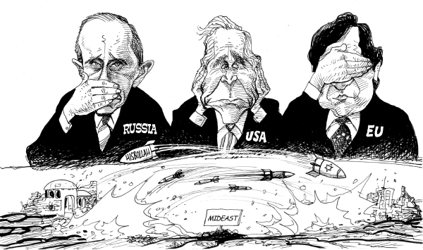 Editorial Cartoon by Petar Pismestrovic, Kleine Zeitung, Austria on World Watches as War Rages