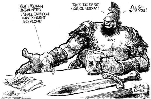 Editorial Cartoon by Pat Oliphant, Universal Press Syndicate on Lamont Defeats Lieberman