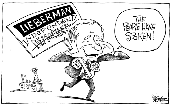 Editorial Cartoon by Signe Wilkinson, Philadelphia Daily News on Lamont Defeats Lieberman