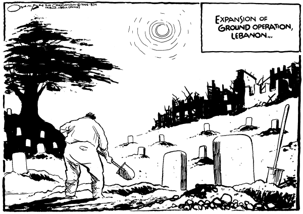 Editorial Cartoon by Jack Ohman, The Oregonian on Cease-fire in Middle East