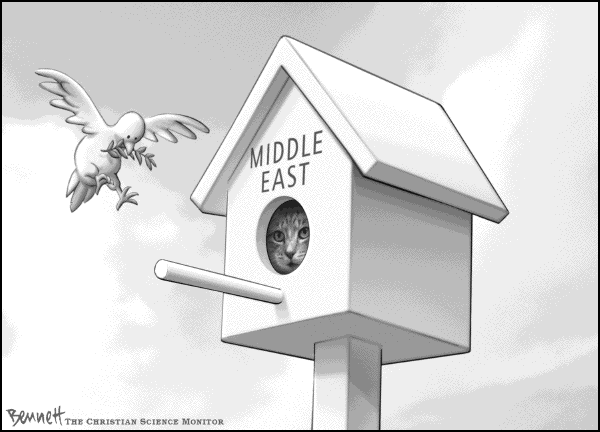 Editorial Cartoon by Clay Bennett, Christian Science Monitor on Cease-fire in Middle East
