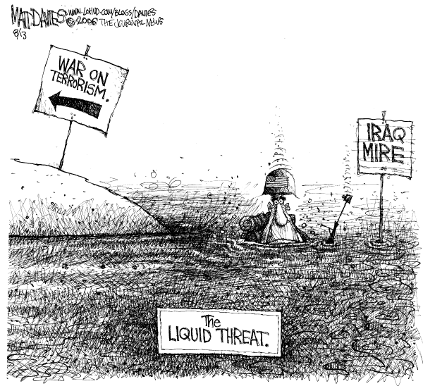 Editorial Cartoon by Mike Luckovich, Atlanta Journal-Constitution on British Foil Terrorist Plot