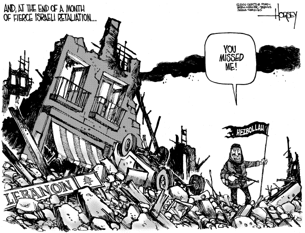 Editorial Cartoon by David Horsey, Seattle Post-Intelligencer on Fragile Mideast Cease-fire Holding