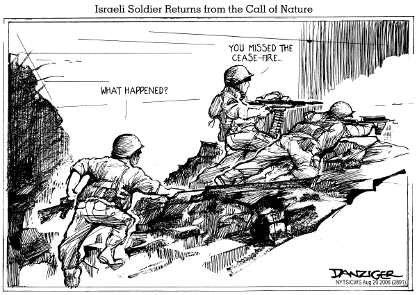 Editorial Cartoon by Jeff Danziger, CWS/CartoonArts Intl. on Fragile Mideast Cease-fire Holding