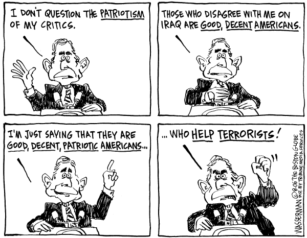 Editorial Cartoon by Dan Wasserman, Boston Globe on President Blasts War Critics