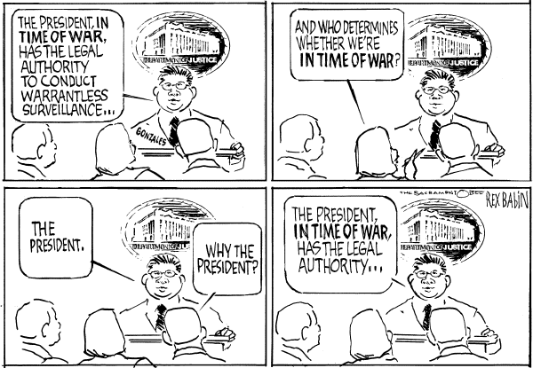 Editorial Cartoon by Rex Babin, Sacramento Bee on Bush Wiretapping Ruled Illegal
