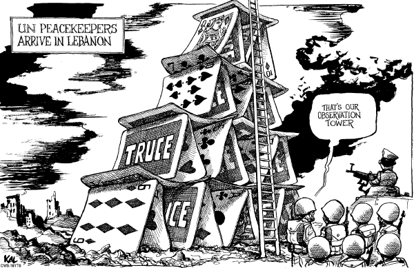 Editorial Cartoon by KAL (Kevin Kallaugher), The Economist, London, CWS/CartoonArts Intl. on Cease-fire Holding in Mideast