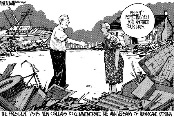 Editorial Cartoon by Drew Sheneman, Newark Star Ledger on Bush Visits New Orleans