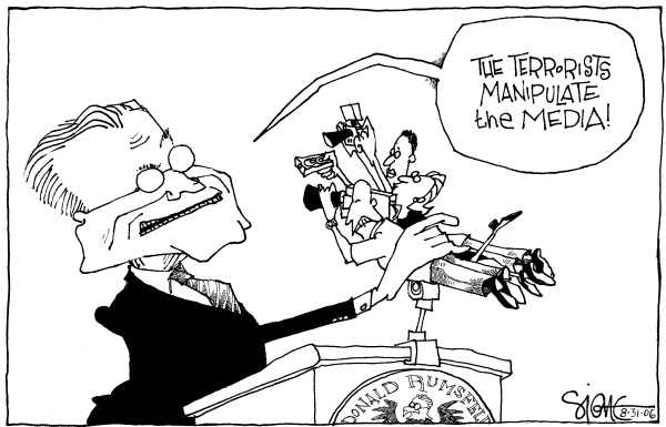 Editorial Cartoon by Signe Wilkinson, Philadelphia Daily News on Rumsfeld Says Fascism a Threat