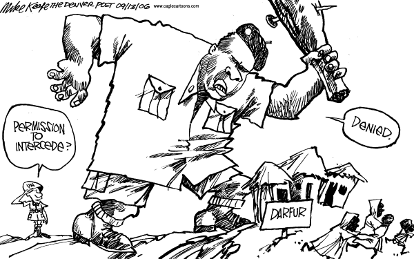 Editorial Cartoon by Mike Keefe, Denver Post on UN Makes Progress in War-torn Lands