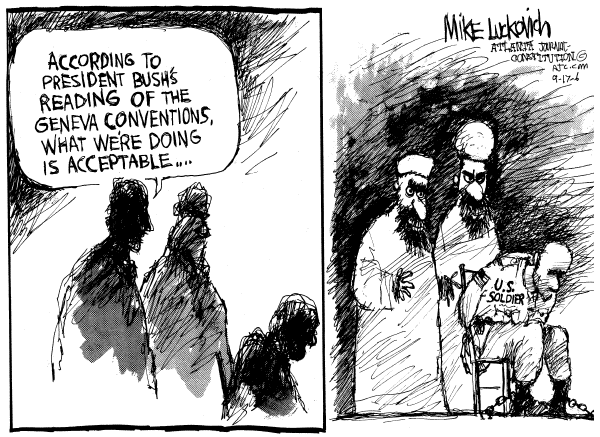Editorial Cartoon by Mike Luckovich, Atlanta Journal-Constitution on Bush, GOP Clash Over Torture