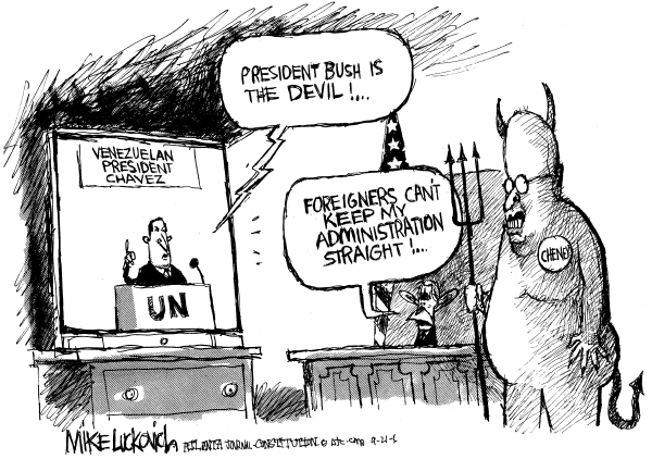 Editorial Cartoon by Mike Luckovich, Atlanta Journal-Constitution on Chavez Calls Bush the Devil