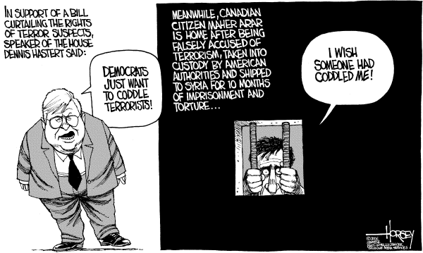 Editorial Cartoon by David Horsey, Seattle Post-Intelligencer on War on Terror Sacrifices Habeas Corpus