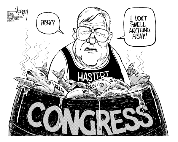 Editorial Cartoon by David Horsey, Seattle Post-Intelligencer on Hastert Vows Not to Resign