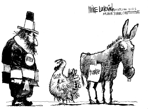Editorial Cartoon by Mike Luckovich, Atlanta Journal-Constitution on Fall Races Heat Up