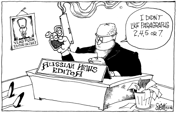Editorial Cartoon by Signe Wilkinson, Philadelphia Daily News on Putin Tightens Homeland Security