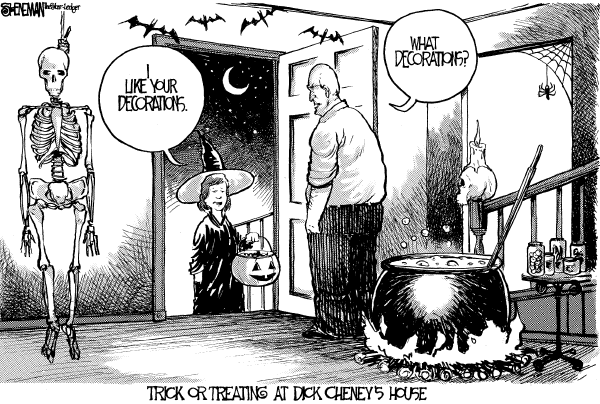 Editorial Cartoon by Drew Sheneman, Newark Star Ledger on Cheney Sings GOP Praises
