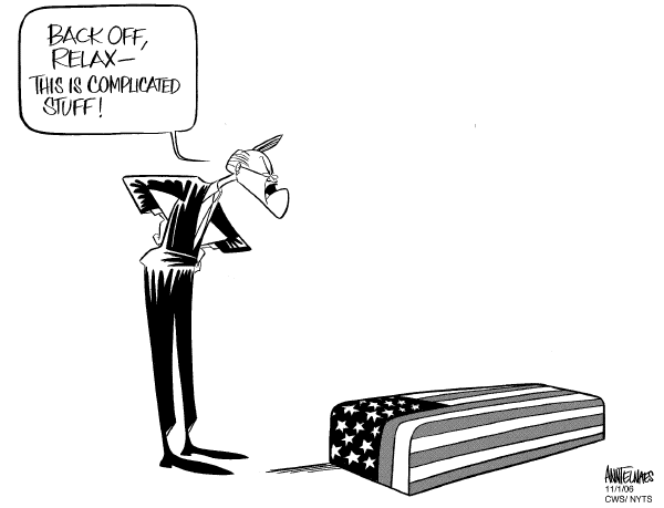 Editorial Cartoon by Ann Telnaes, CWS/CartoonArts Intl. on Donald Rumsfeld Resigns