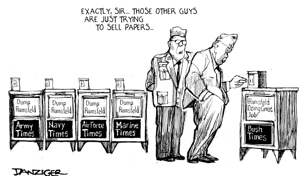 Editorial Cartoon by Jeff Danziger, CWS/CartoonArts Intl. on Donald Rumsfeld Resigns