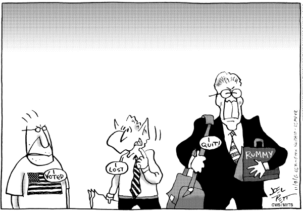 Editorial Cartoon by Joel Pett, Lexington Herald-Leader, CWS/CartoonArts Intl. on Donald Rumsfeld Resigns