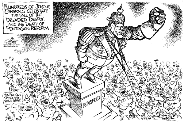 Editorial Cartoon by Pat Oliphant, Universal Press Syndicate on Donald Rumsfeld Resigns