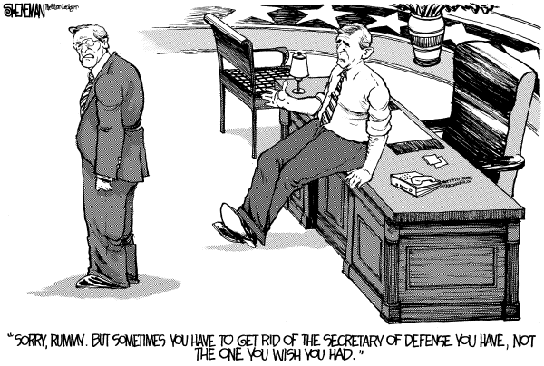 Editorial Cartoon by Drew Sheneman, Newark Star Ledger on Donald Rumsfeld Resigns