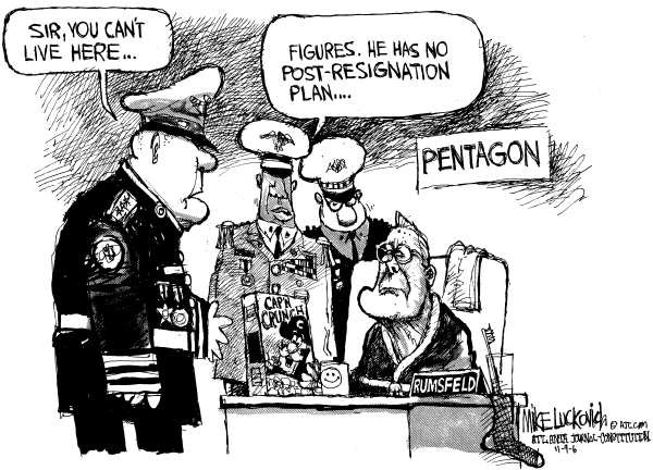 Editorial Cartoon by Mike Luckovich, Atlanta Journal-Constitution on Donald Rumsfeld Resigns
