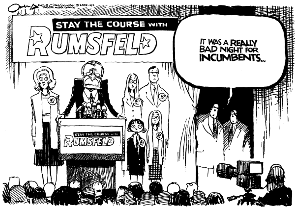 Editorial Cartoon by Jack Ohman, The Oregonian on Rumsfeld Resignation Reverberates