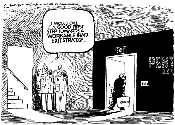 Editorial Cartoon by Jack Ohman, The Oregonian on Rumsfeld Resignation Reverberates
