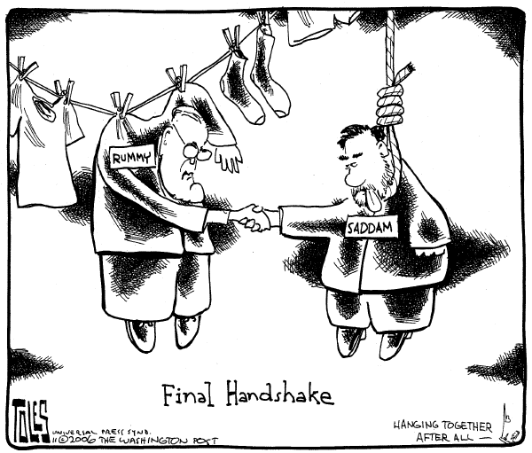 Editorial Cartoon by Tom Toles, Washington Post on Rumsfeld Resignation Reverberates