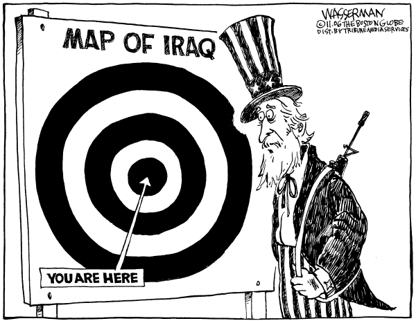 Editorial Cartoon by Dan Wasserman, Boston Globe on US in Iraq Longer Than in WWII