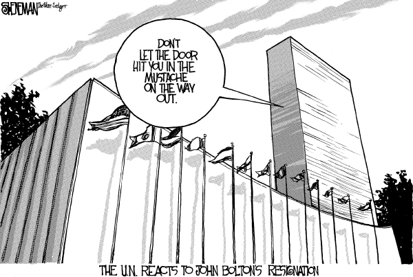 Editorial Cartoon by Drew Sheneman, Newark Star Ledger on Bolton To Leave UN Post