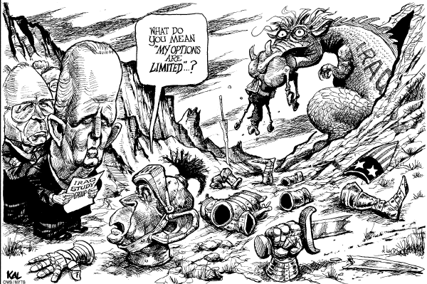 Editorial Cartoon by KAL (Kevin Kallaugher), The Economist, London, CWS/CartoonArts Intl. on Bush Weighs Iraq Report