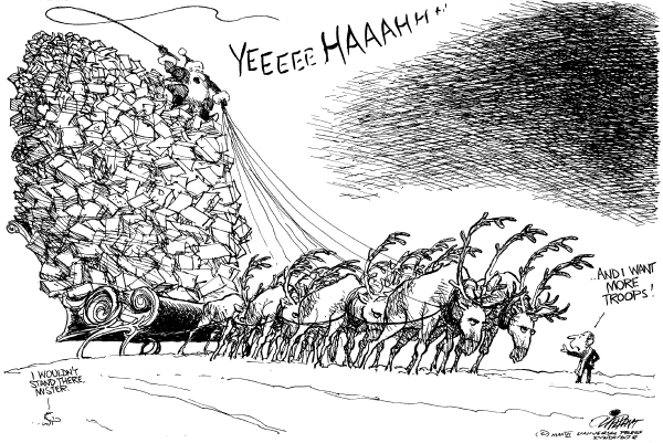 Editorial Cartoon by Pat Oliphant, Universal Press Syndicate on Holiday Season In Full Swing