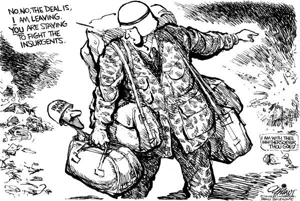 Editorial Cartoon by Pat Oliphant, Universal Press Syndicate on US Troops Dig In