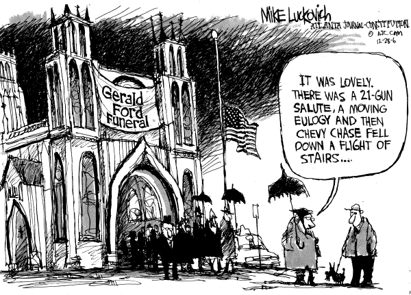 Editorial Cartoon by Mike Luckovich, Atlanta Journal-Constitution on Two Famous Americans Die