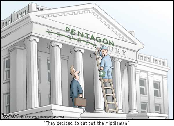 Editorial Cartoon by Clay Bennett, Christian Science Monitor on Economy Makes Small Adjustment