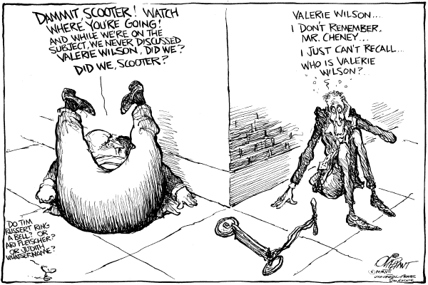 Editorial Cartoon by Pat Oliphant, Universal Press Syndicate on Libby Makes No Apologies