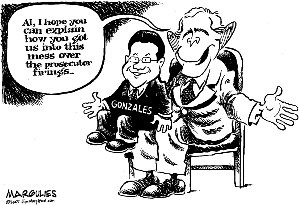 Editorial Cartoon by Jimmy Margulies, The Record, New Jersey on Gonzales Still Doing Hell of a Job