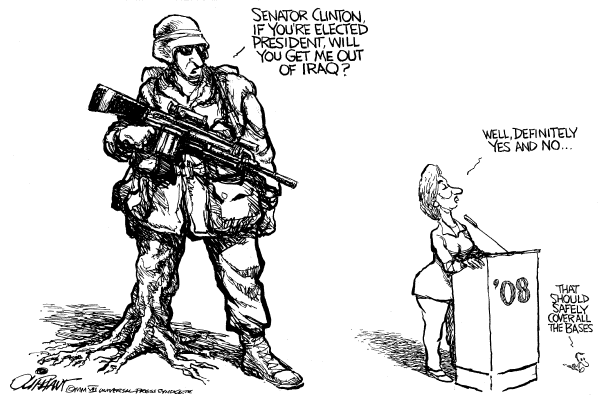 Editorial Cartoon by Pat Oliphant, Universal Press Syndicate on Hillary Clarifies War View