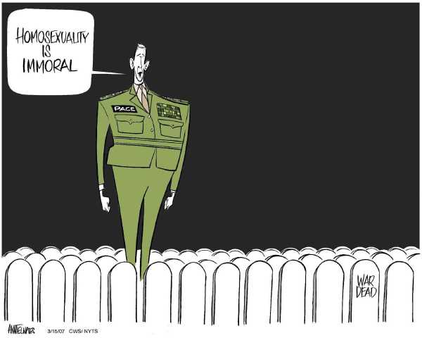 Editorial Cartoon by Ann Telnaes, CWS/CartoonArts Intl. on Gays Immoral, General Says