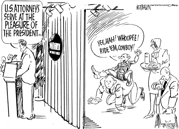 Editorial Cartoon by Rex Babin, Sacramento Bee on Bush: Gonzales Doing a Heck of a Job