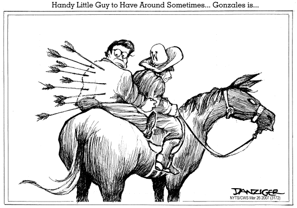Editorial Cartoon by Jeff Danziger, CWS/CartoonArts Intl. on Bush: Gonzales Doing a Heck of a Job