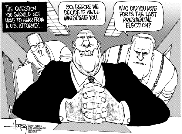 Editorial Cartoon by David Horsey, Seattle Post-Intelligencer on Bush: Gonzales Doing a Heck of a Job