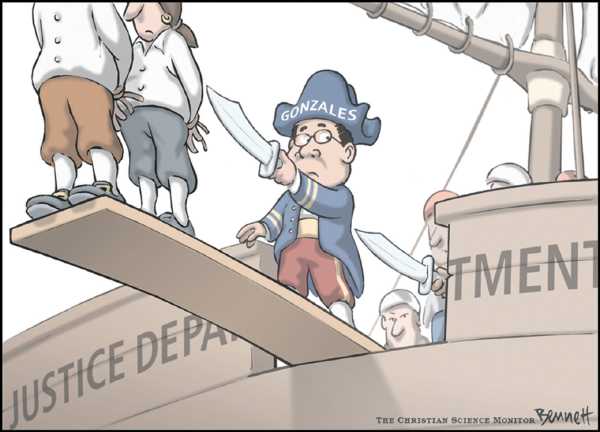 Editorial Cartoon by Clay Bennett, Christian Science Monitor on Bush: Gonzales Doing a Heck of a Job