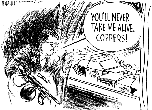 Editorial Cartoon by Rex Babin, Sacramento Bee on Gonzales Prepares to Testify
