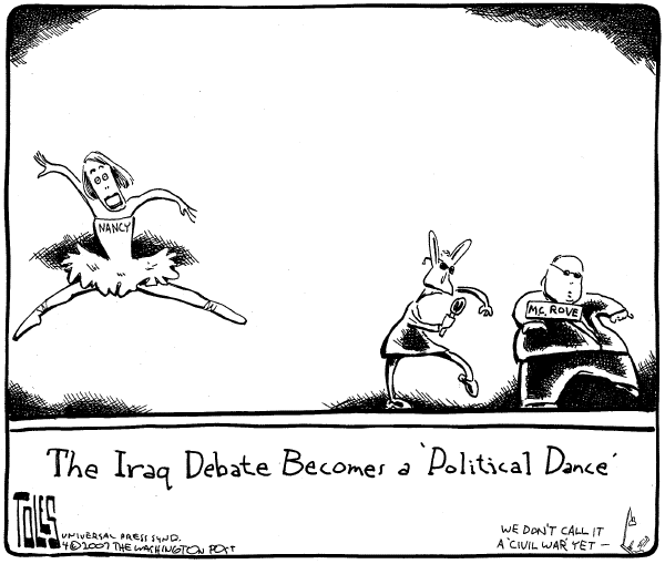 Editorial Cartoon by Tom Toles, Washington Post on Democrats Confront Bush on War